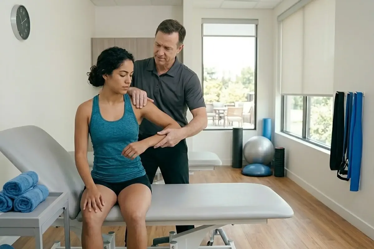 Therapist assessing a seated patient’s shoulder on a treatment table