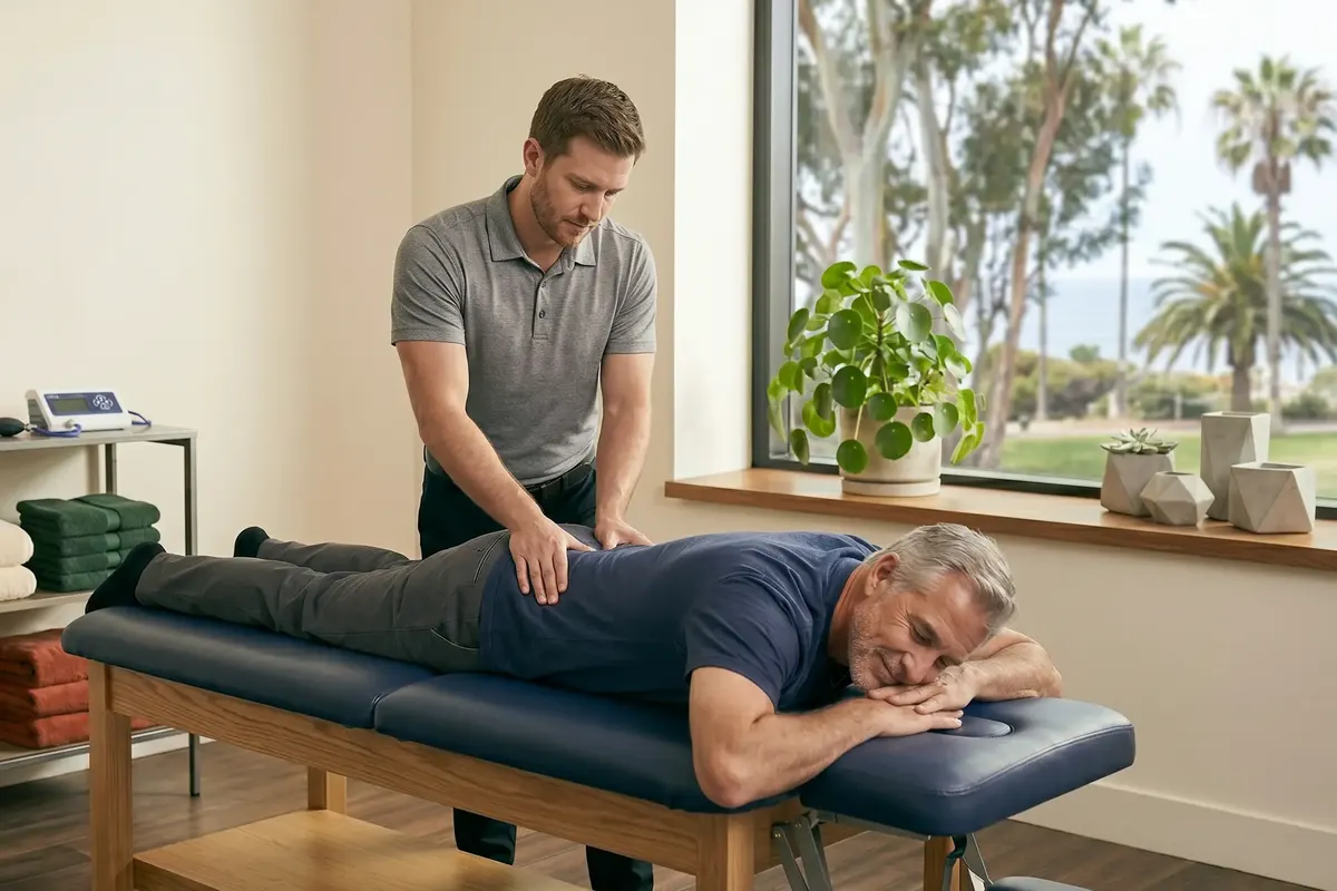 Therapist treating the lower back of a man lying face down