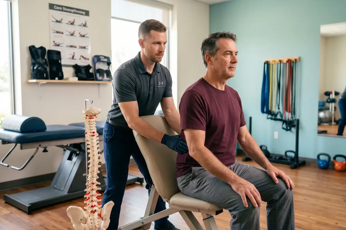 Therapist working on a seated patient’s lower back beside a spine model