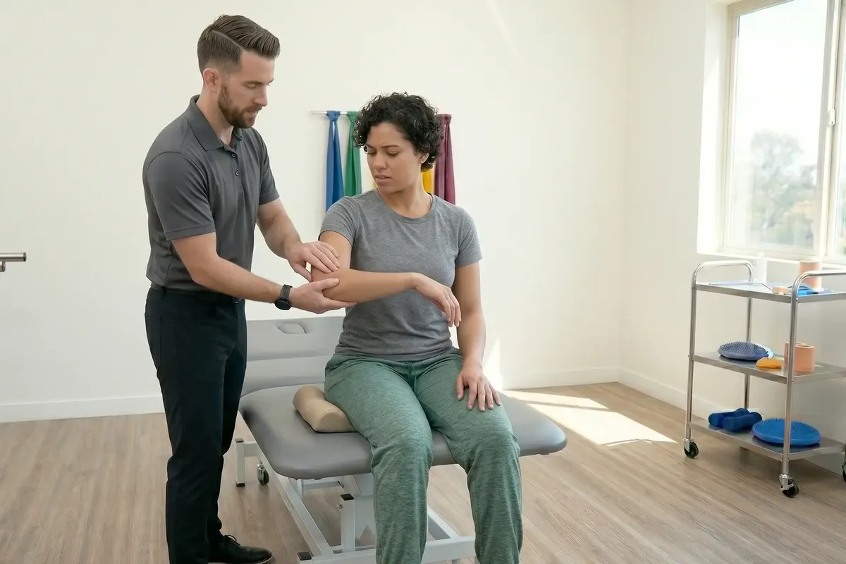 Therapist examining a seated patient’s elbow