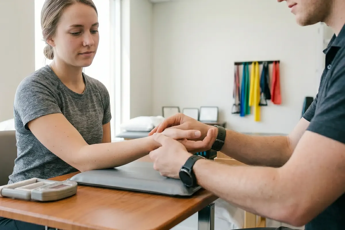 Therapist treating a patient’s wrist at a table