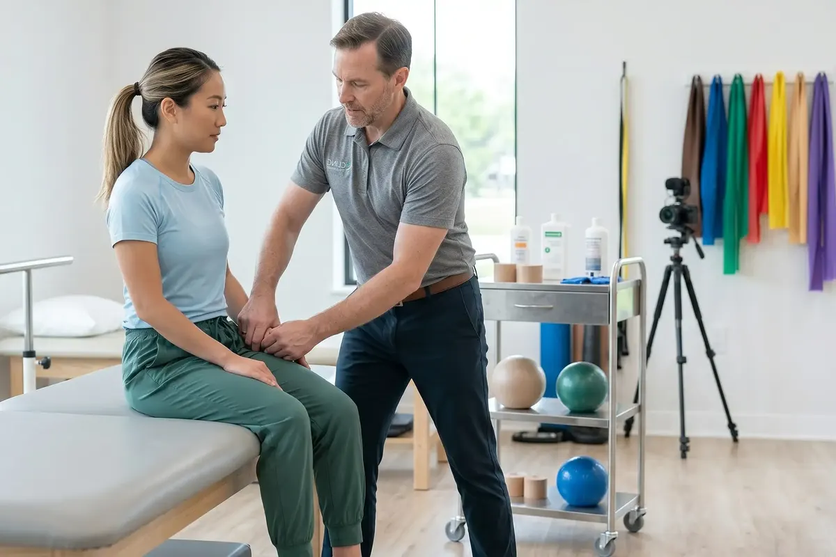 Therapist assessing a patient’s knee on a treatment table