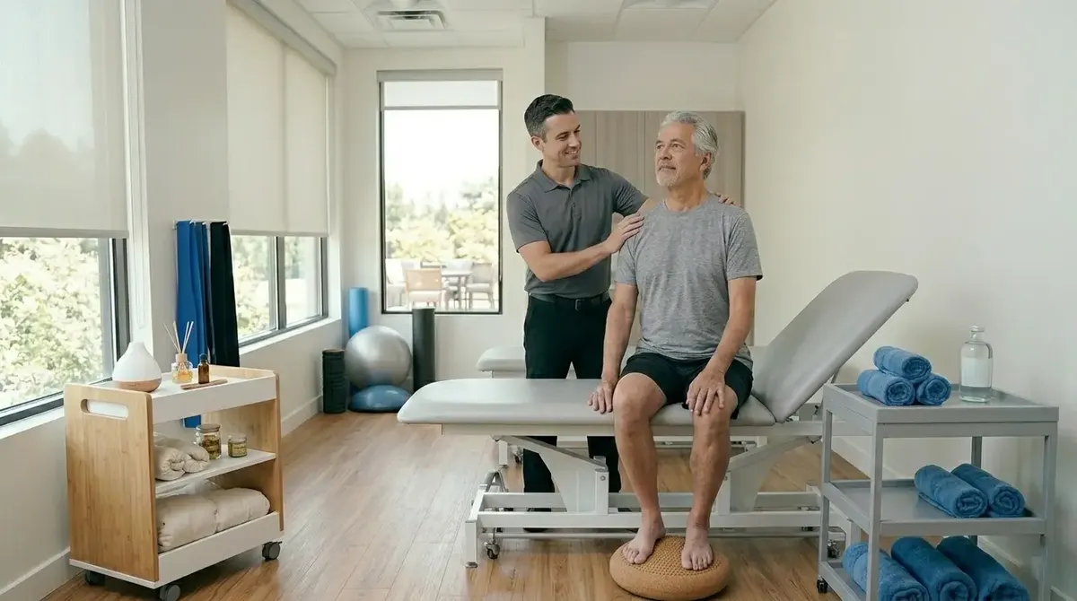 Therapist with a hand on a seated patient’s shoulder