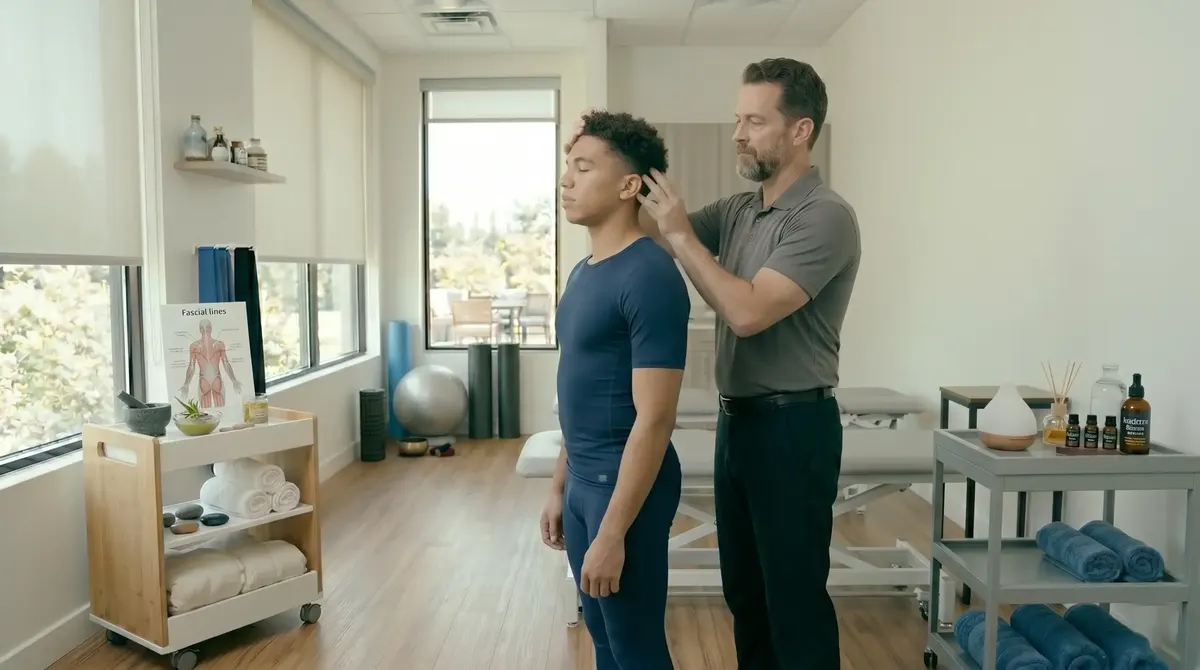 Therapist assessing a standing patient’s posture