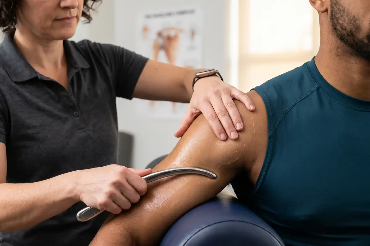 Therapist using an instrument-assisted soft tissue tool on a shoulder