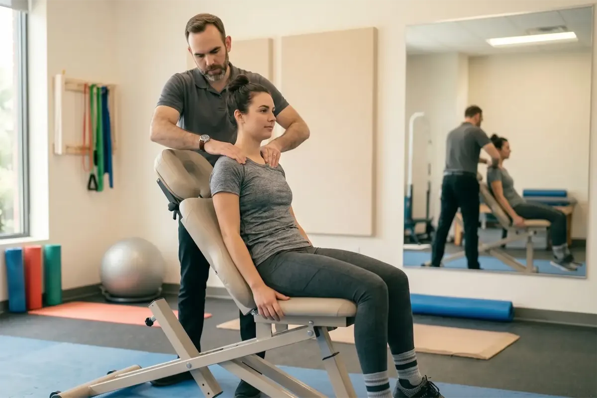 Therapist treating a patient’s neck and shoulders in a treatment chair
