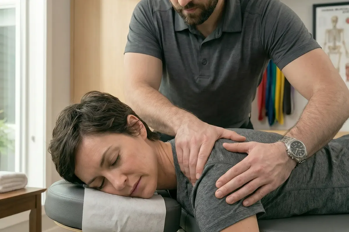 Therapist massaging a patient’s shoulder