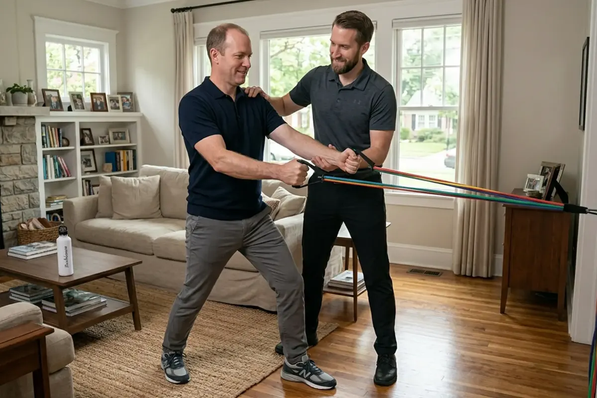 Therapist guiding a resistance band exercise in a patient’s home