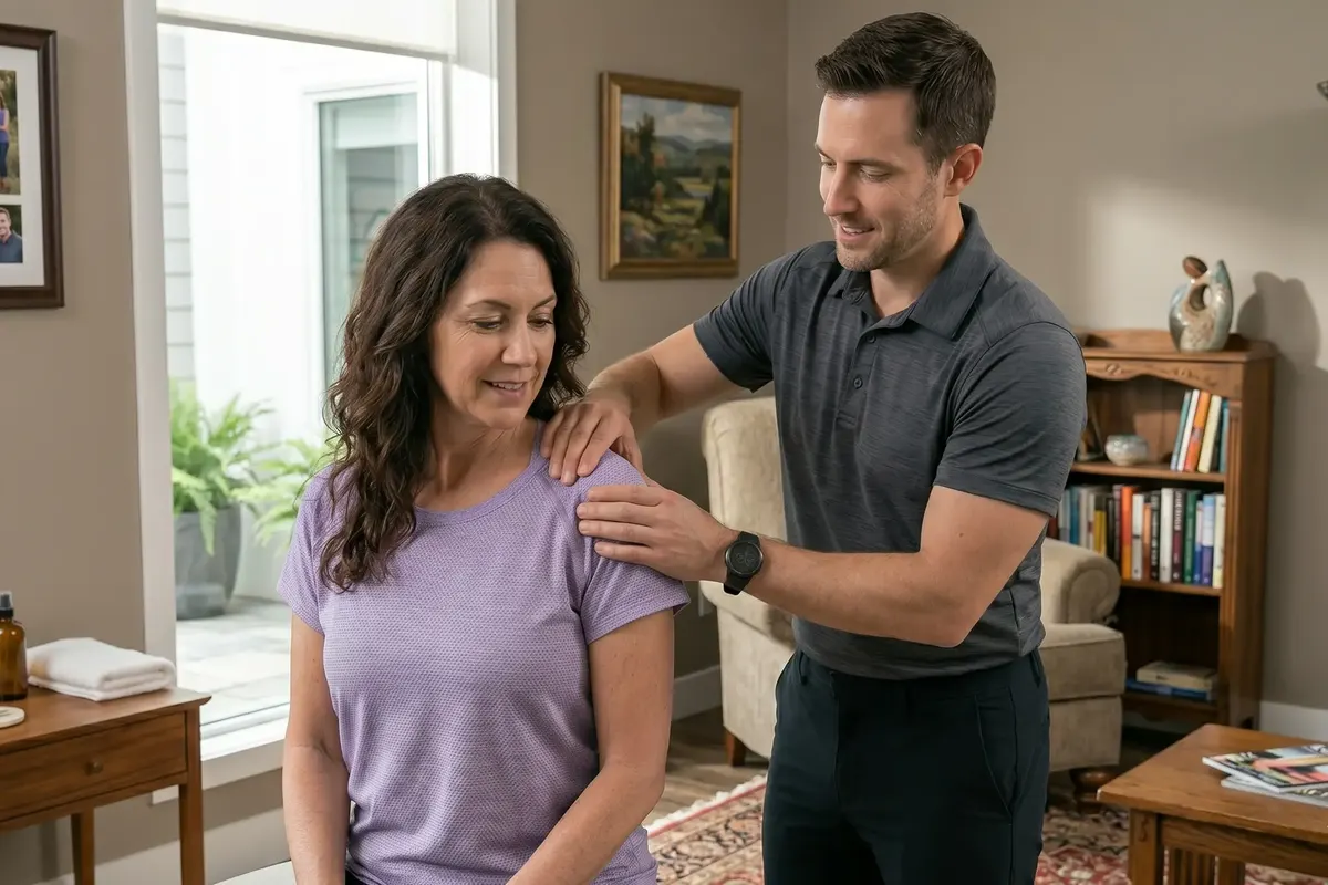 Therapist with hands on a patient’s shoulders in her home