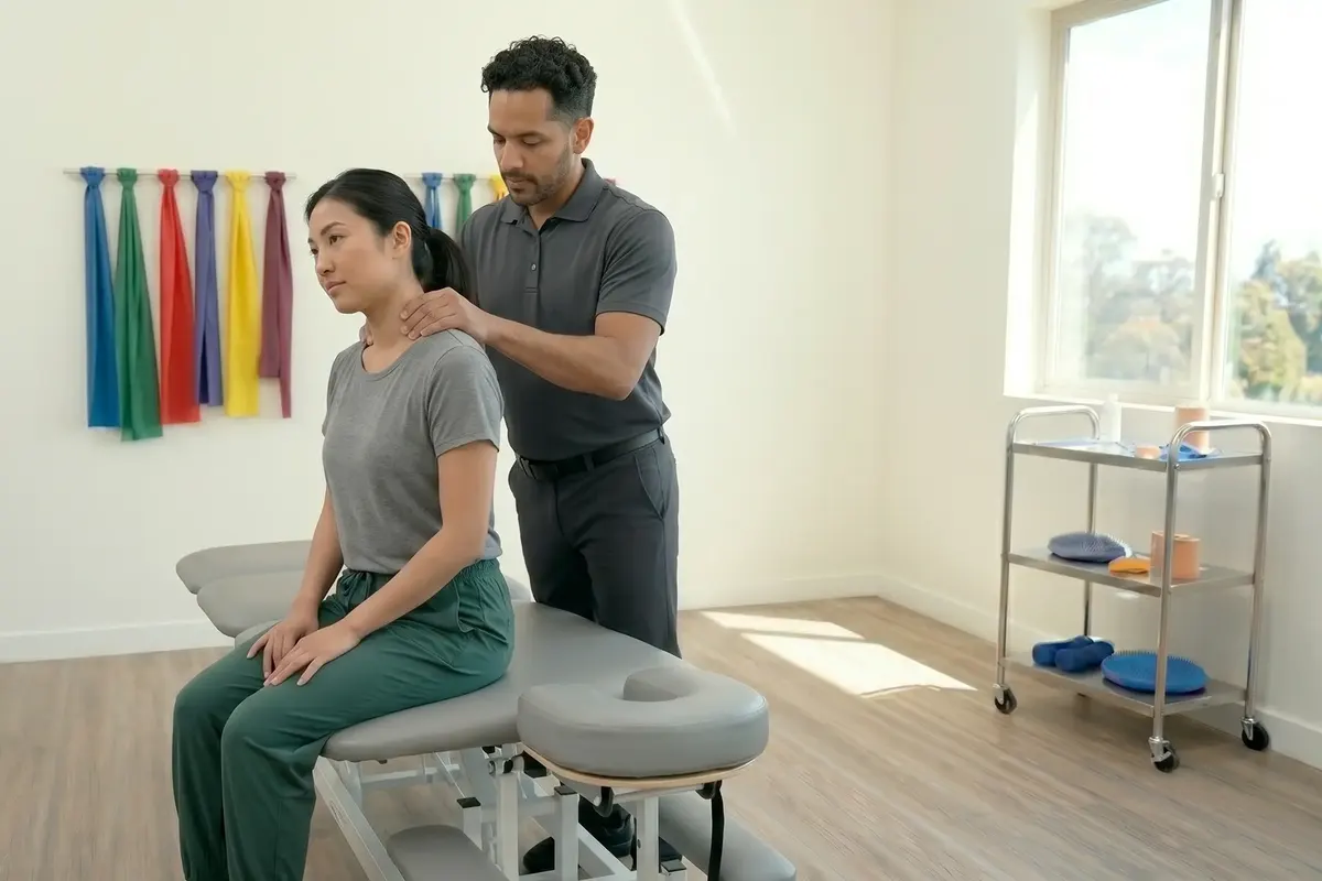 Therapist treating a seated patient’s neck