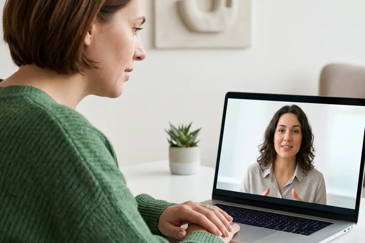 Woman on a telehealth video call with her therapist